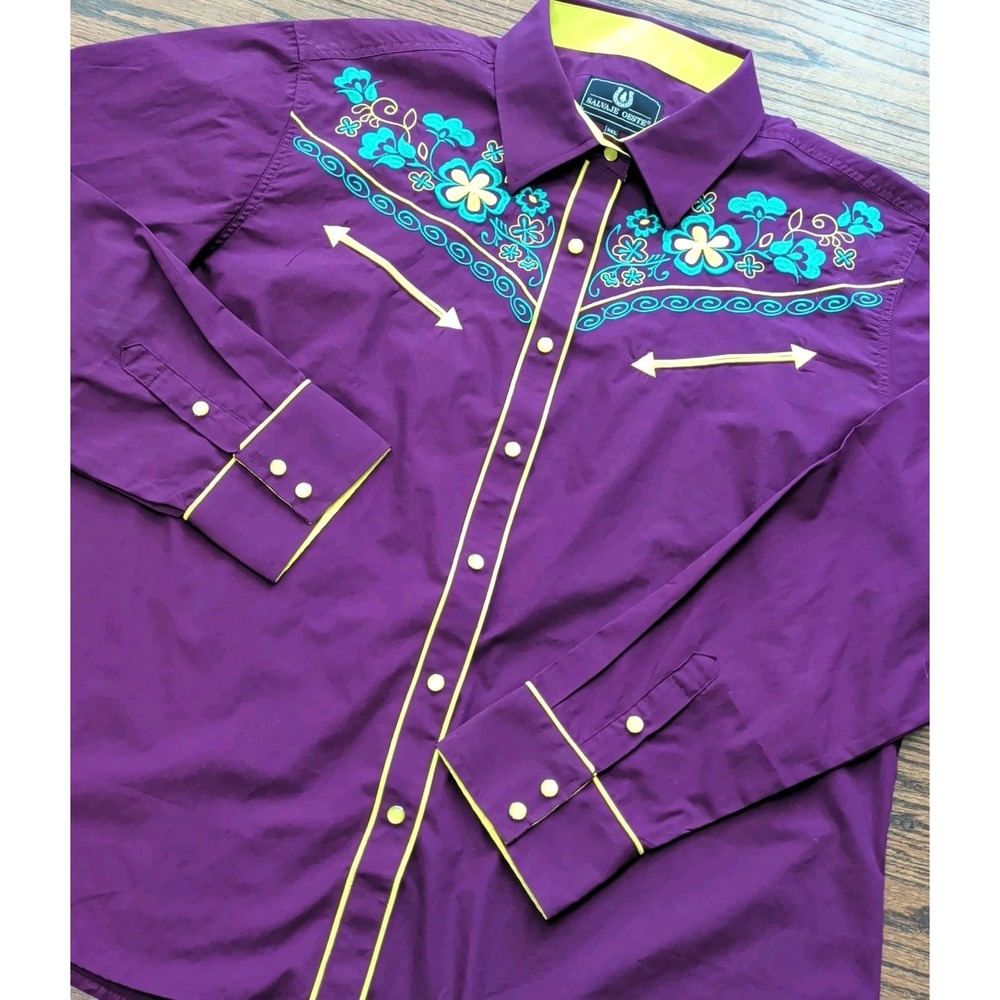 Salvaje Oeste Western Shirt Women 3XL Purple Floral Embroider Yellow Pearl Snap